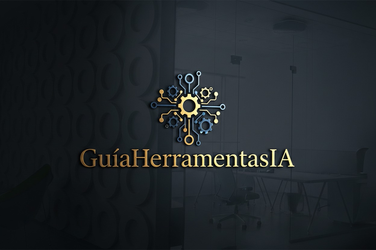Logotipo dorado y azul con engranajes y circuitos sobre fondo oscuro, acompañado del texto GuíaHerramientasIA.