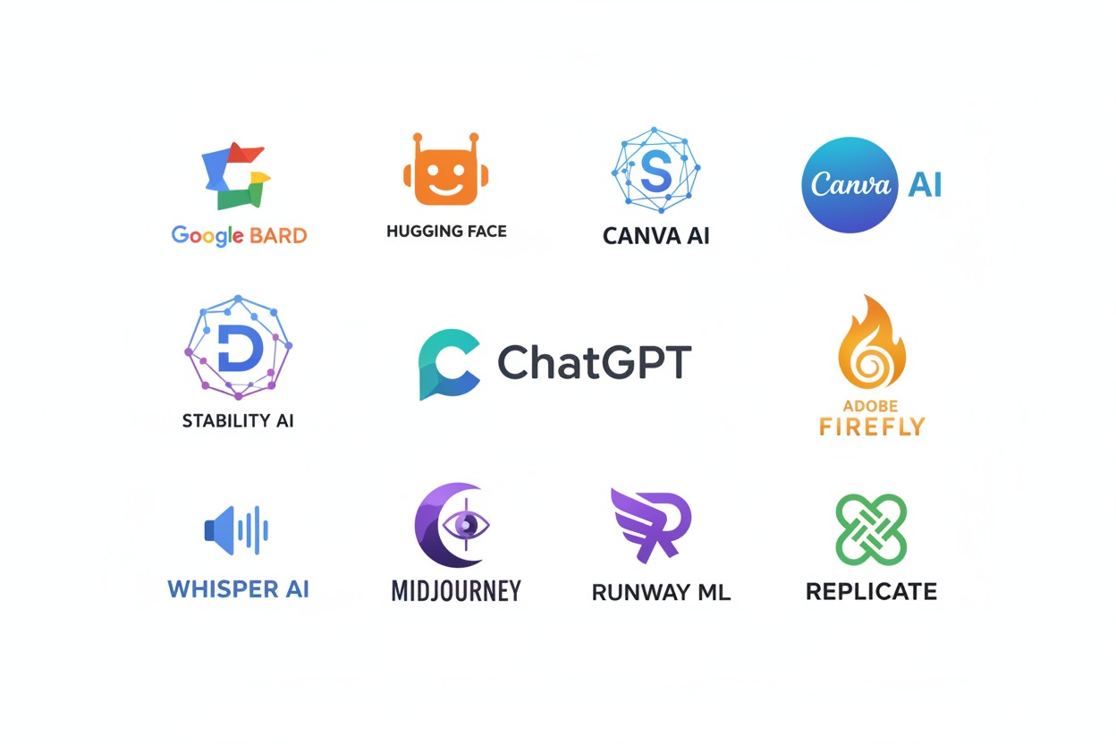 Una cuadrícula de logotipos que muestra varias herramientas de inteligencia artificial conocidas, como ChatGPT, Google Bard, Midjourney y Adobe Firefly.
